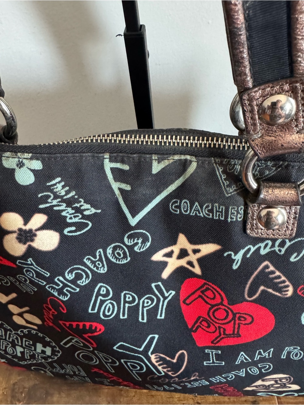 Coach Black Tote with Red, Cream & Mint Hearts and Stars Graphic Poppy Print - Picture 6 of 8